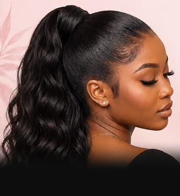 Woman wearing a long wavy human hair blend ponytail